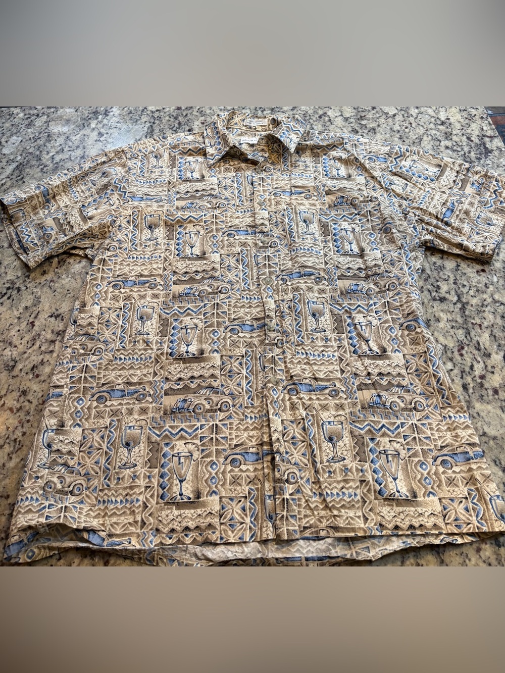 Pierre Cardin vintage 90s blue and beige geometric and car-themed cotton shirt